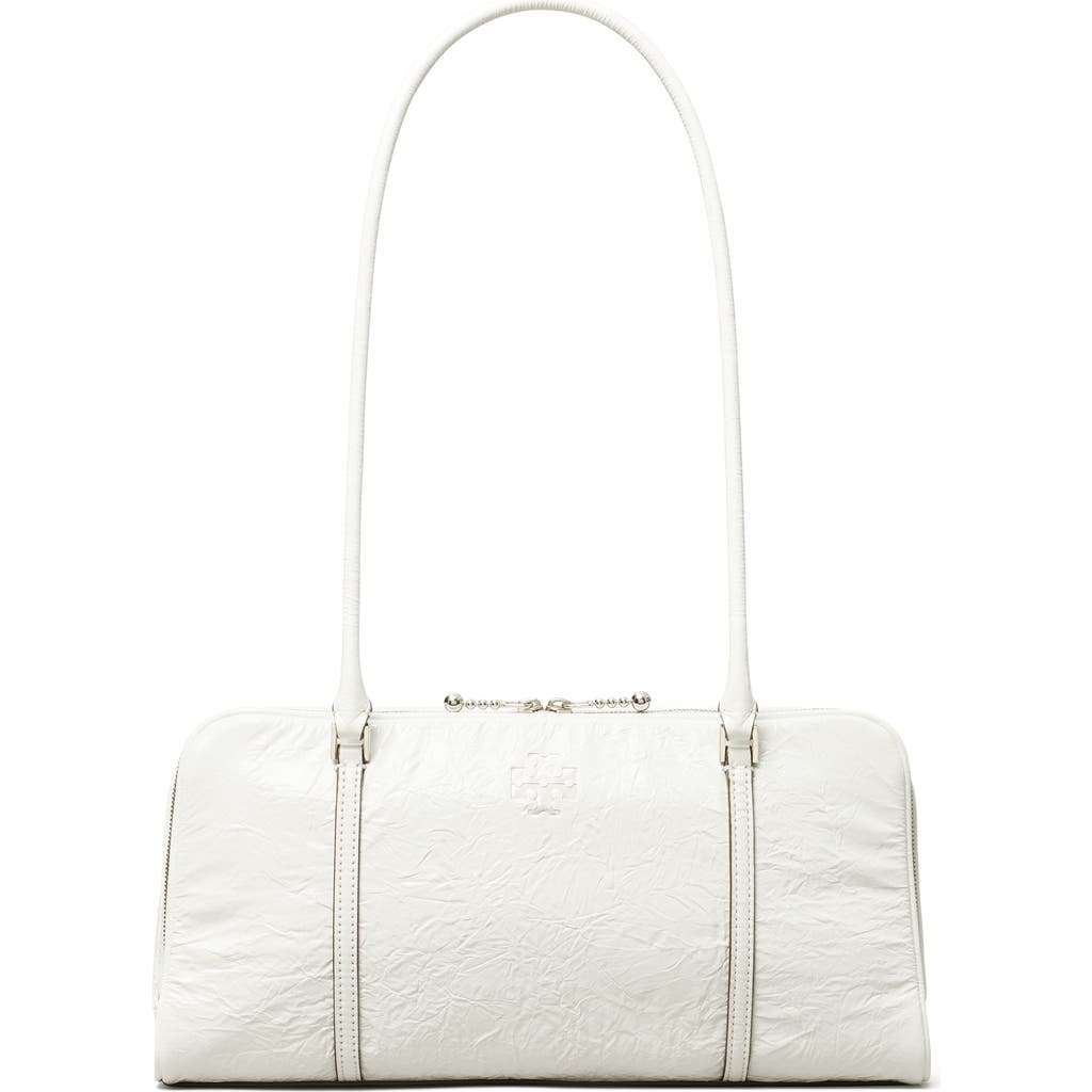 Shop Tory Burch T Monogram Small Metallic Marshmallow Satchel In White