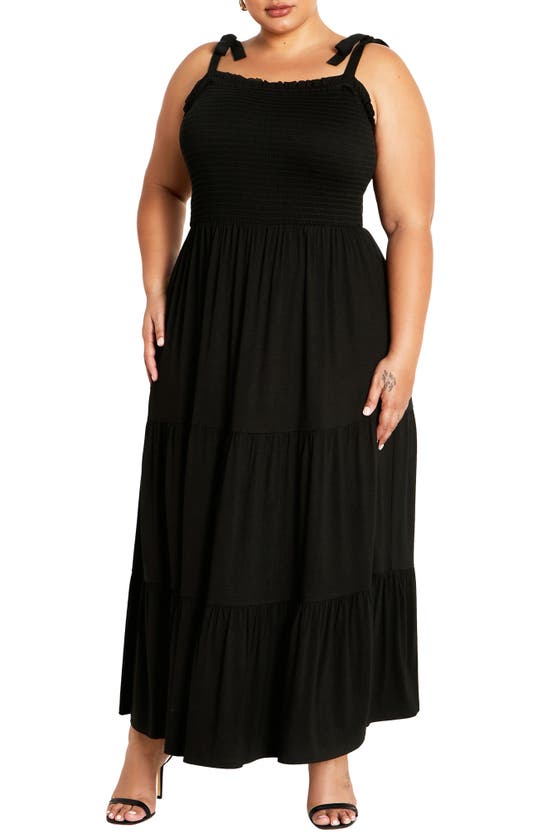 City Chic Miley Smocked Tiered Maxi Sundress In Black