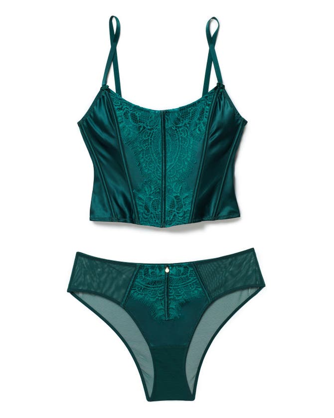 Shop Adore Me Geneviève Cropped Corset & Panty Set In Dark Green