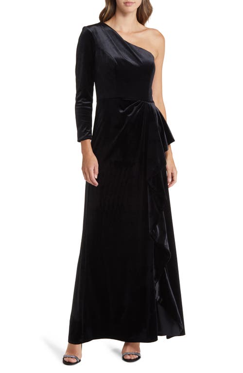 One-Shoulder Single Long Sleeve Velvet Gown in Black