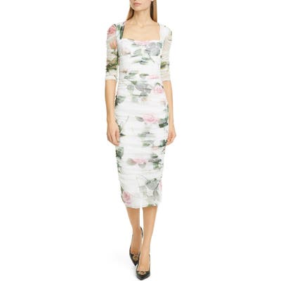 Dolce & gabbana Rose Print Ruched Tulle Midi Dress, US / 42 IT - White