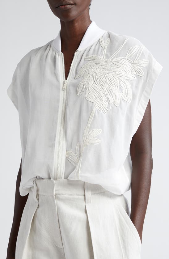 Shop Brunello Cucinelli Embroidered Cotton Organza Zip Front Top In White