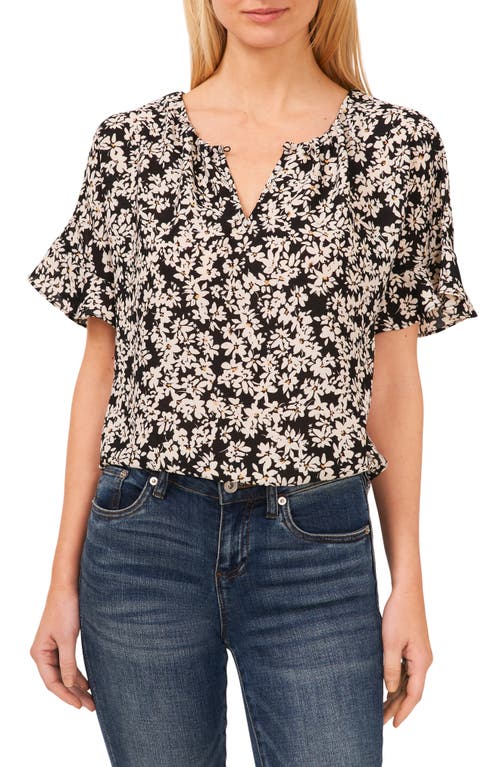 CeCe Floral Print Ruffle Sleeve Top in Rich Black at Nordstrom, Size Small