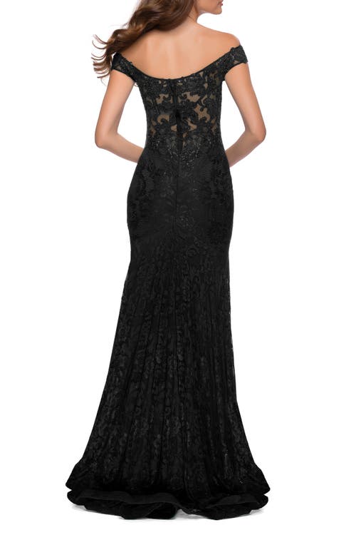 La Femme Off The Shoulder Stretch Sparkle Lace Mermaid Gown In Black