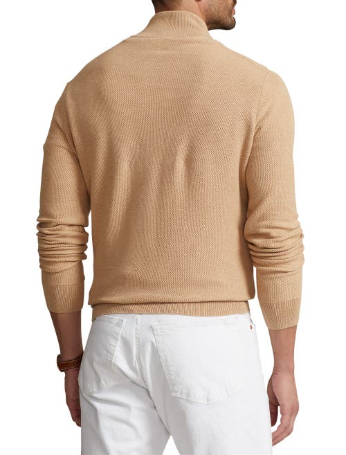Polo Ralph Lauren Mesh-knit Cotton Quarter-zip Sweater In Camel Melange