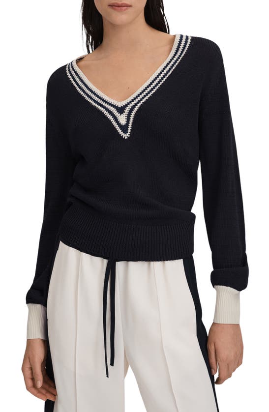 Reiss Tammy Crochet Trim Sweater In Navy/ White