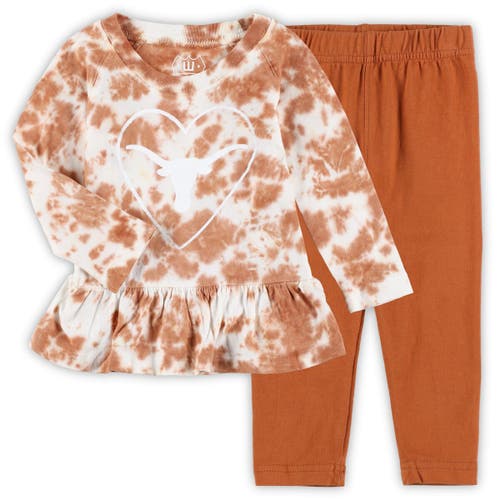 Girls Infant Wes & Willy Texas Orange Texas Longhorns Tie-Dye Ruffle Raglan Long Sleeve T-Shirt & Leggings Set in Burnt Orange