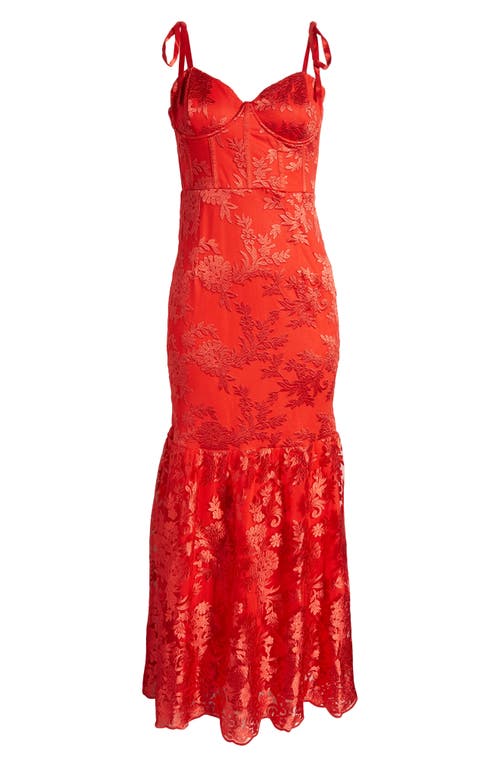 Shop Lulus Dramatic Desires Floral Embroidery Bustier Gown In Red/red