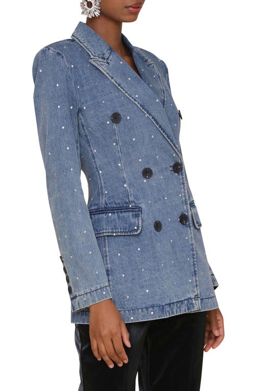 Avec Les Filles Double Breasted Denim Blazer In Med Blue With Rhinestones