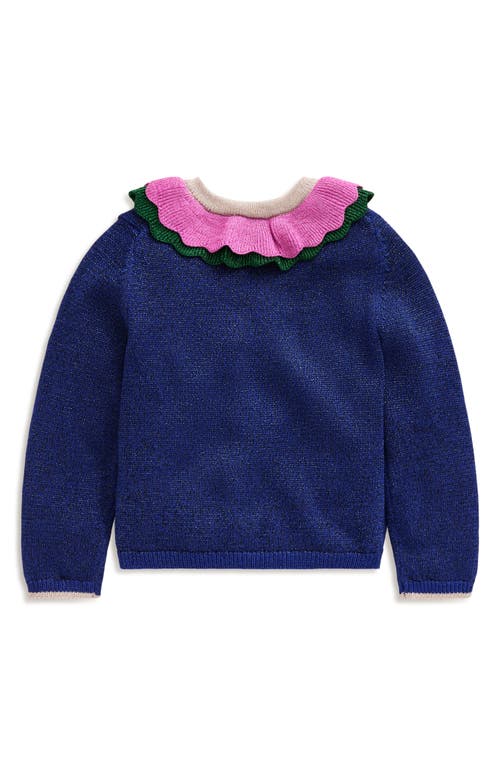 Shop Mini Boden Kids' Sparkle Frill Neck Cardigan In Navy Multi Sparkle