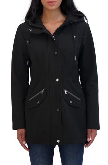 Sebby Water Resistant Hooded Softshell Coat In Black
