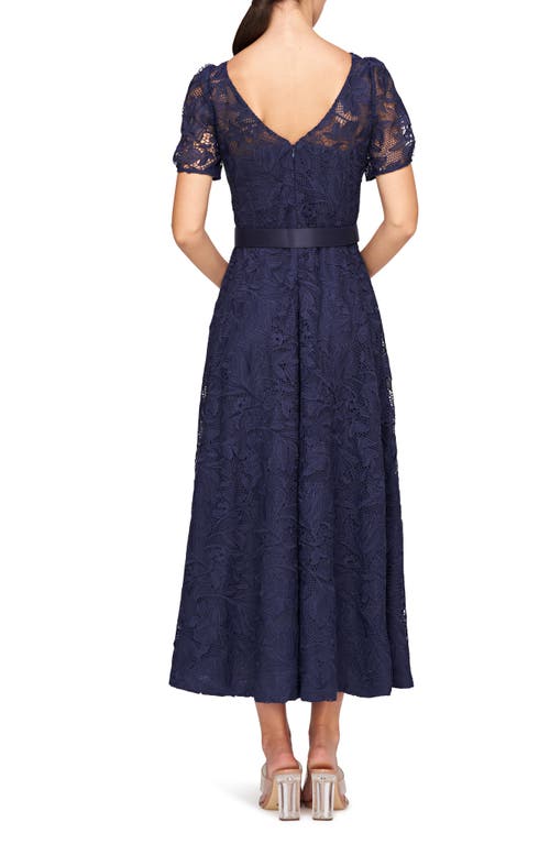 Shop Kay Unger Haisley Belted Lace Cocktail Dress In Dark Twilight