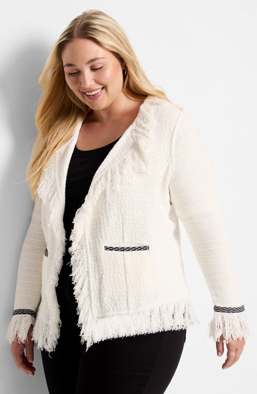 Shop Nic + Zoe Nic+zoe Fringe Mix Statement Knit Jacket In Classic Cream