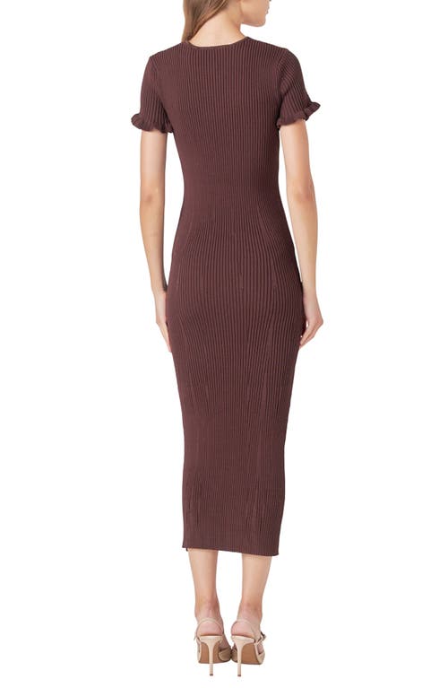 Endless Rose Ruffle Cuff Knit Dress In Chocolate Brown