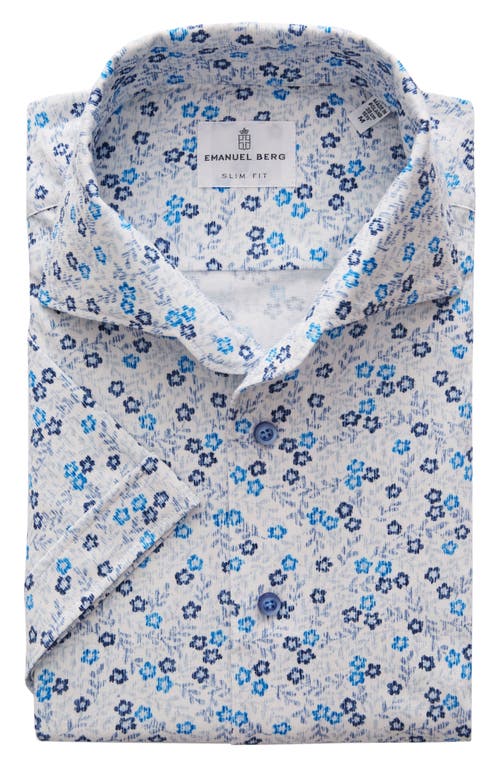 Floral Short Sleeve Knit Button-Up Shirt in Bright Blue
