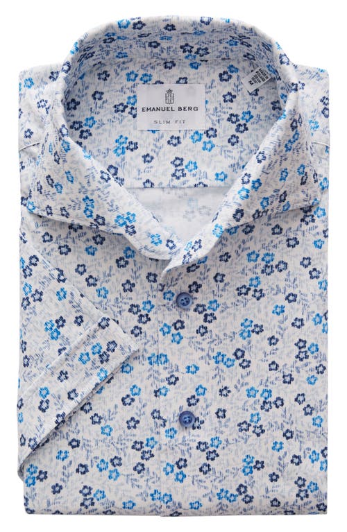 Shop Emanuel Berg Floral Short Sleeve Knit Button-up Shirt In Bright Blue