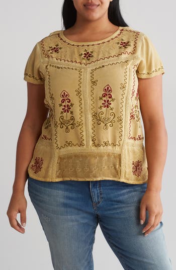Forgotten Grace Mineral Wash Embroidered Top In Brown