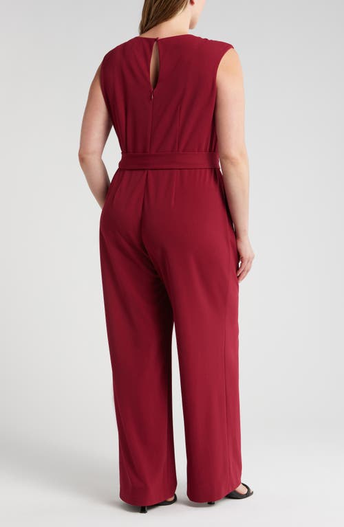 Tahari Asl Cross Neck Tie Waist Sleeveless Jumpsuit In Mulberry