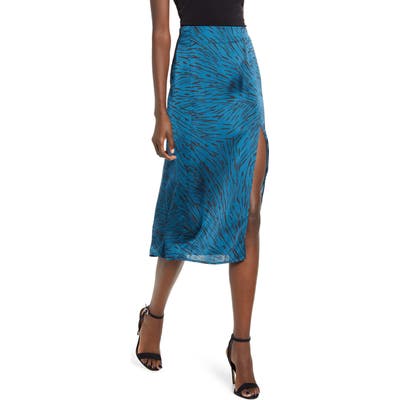Leith Satin Front Slit Midi Skirt, Blue/green