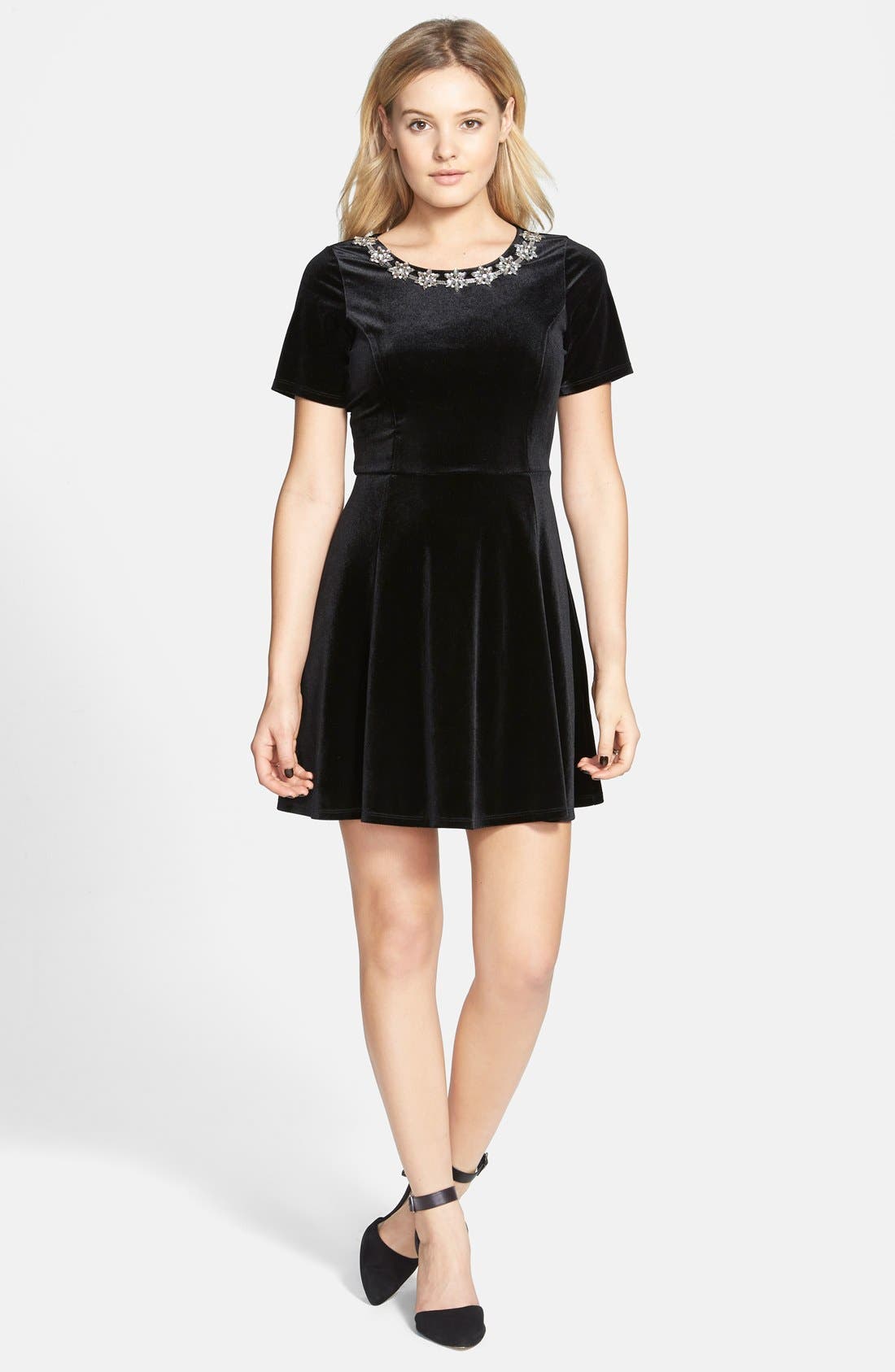 One Clothing Embellished Velvet Skater Dress (Juniors) Nordstrom