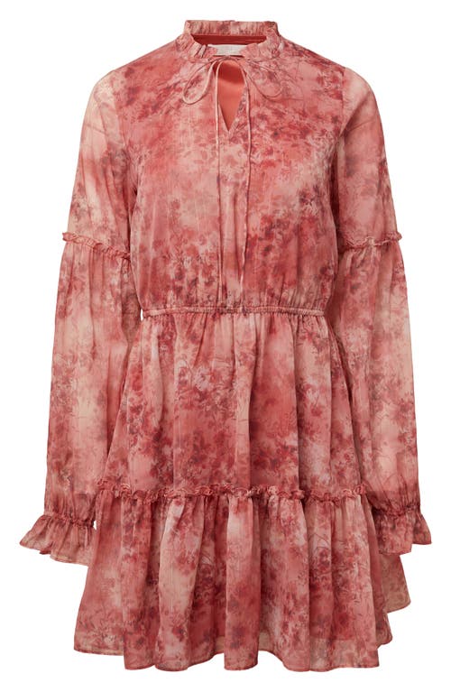 Metallic Ruffle Long Sleeve Chiffon Dress in Pink Floral Multi