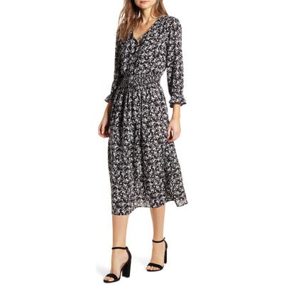 Bobeau Print Smocked Midi Dress, Black