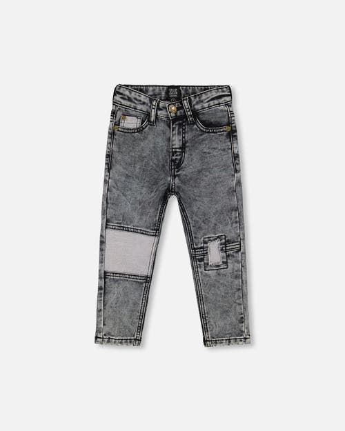 Shop Deux Par Deux Boy's French Terry Black Denim Pants With Contrasting Patch In Black Denim Textured