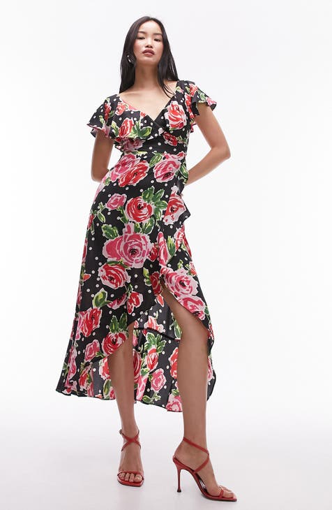 Frill Floral Midi Wrap Dress