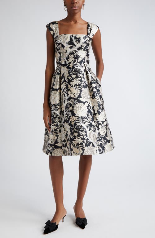 Shop Carolina Herrera Floral Jacquard Fit & Flare Midi Dress In Black/white