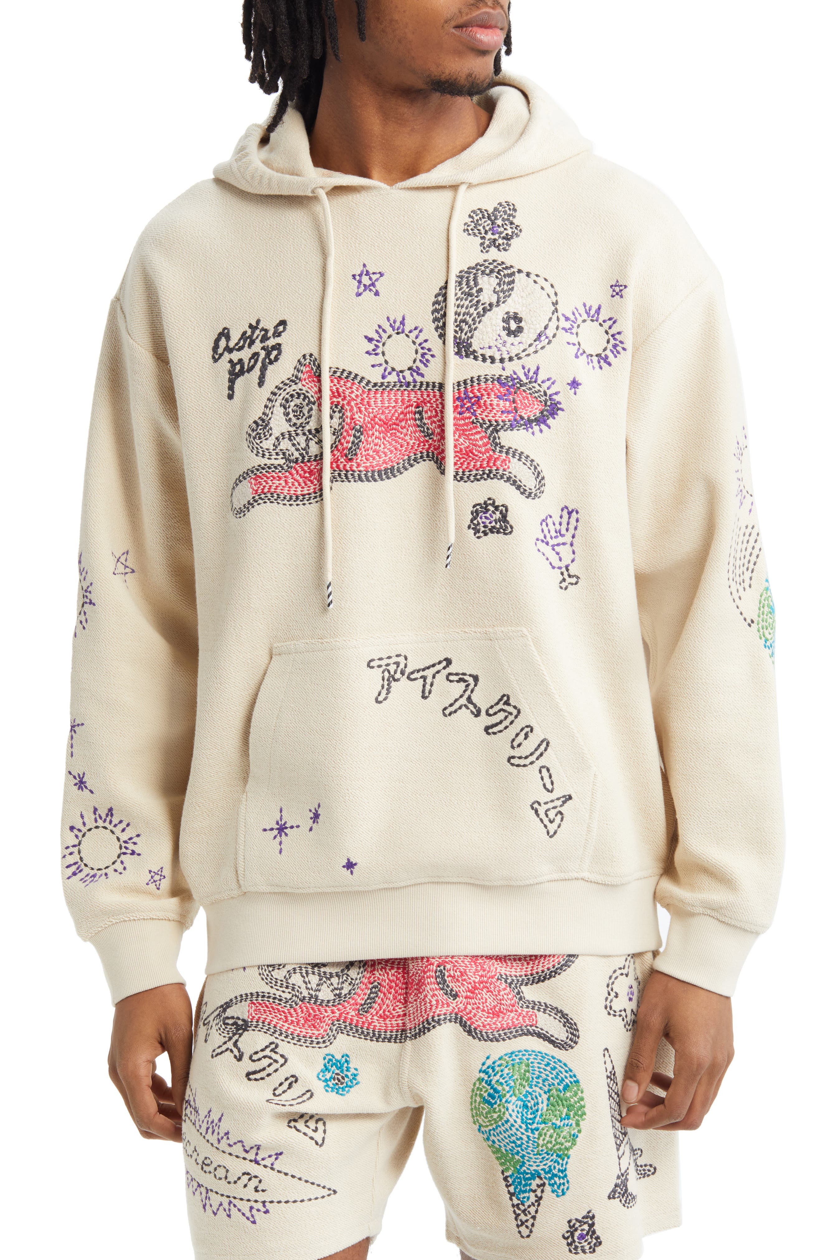 ICE CREAM Apricot Embroidered Cotton Graphic Hoodie in Fog | Smart