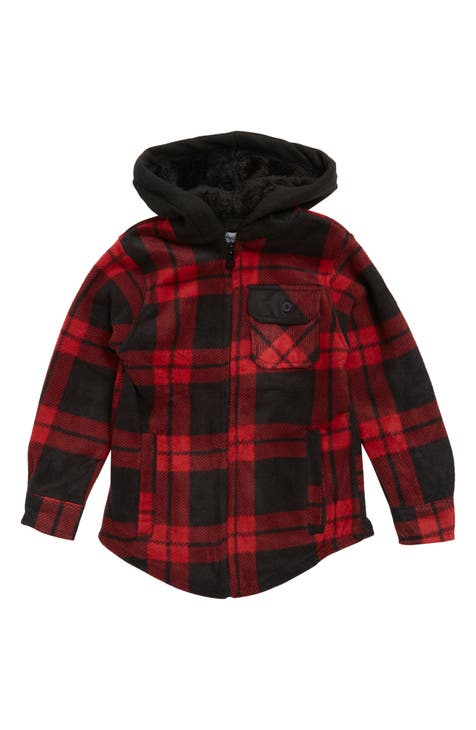 Essentials Boys Polar Fleece Full-Zip Mock Jacket, Red, Buffalo  check, XX-Large