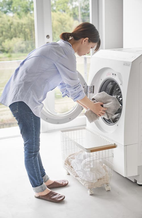 Yamazaki Rolling Laundry Basket In White
