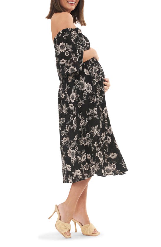 Shop Ripe Maternity Trina Floral Shirred Midi Maternity Dress In Black / Natural
