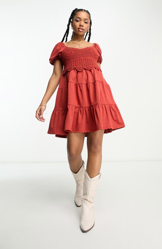 Asos Design Cap Sleeve Mini Dress With Crochet Bodice And Tiered Skirt In Rust-copper