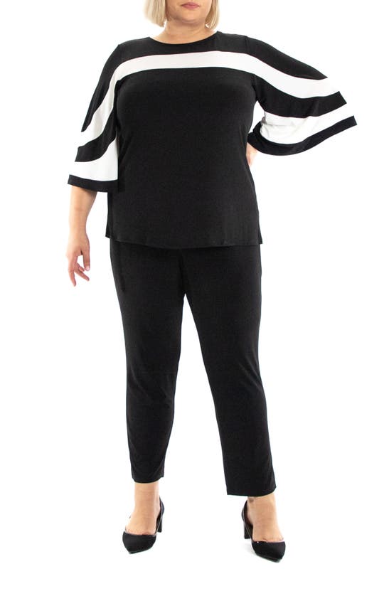 Nina Leonard Colorblock Stripe Top & Pants Set In Black/ Ivory