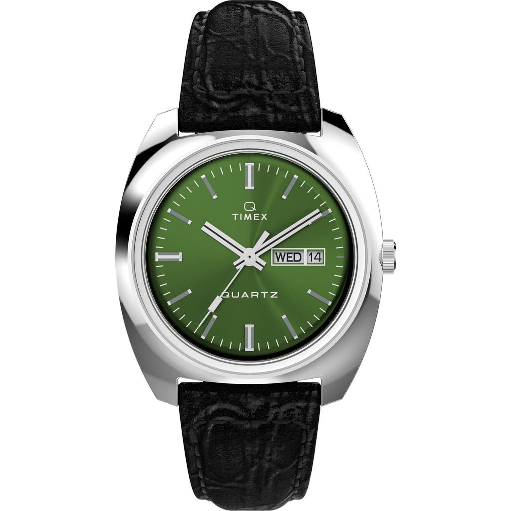 Timex ® Q 1978 Leather Strap Watch, 37.5mm In Black