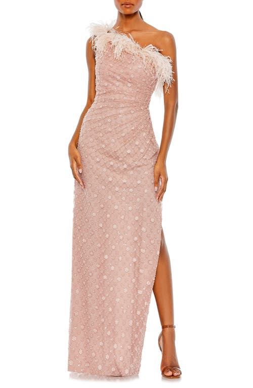 Mac Duggal Floral Sequin Feather Trim One-Shoulder Sheath Gown Rose at Nordstrom,