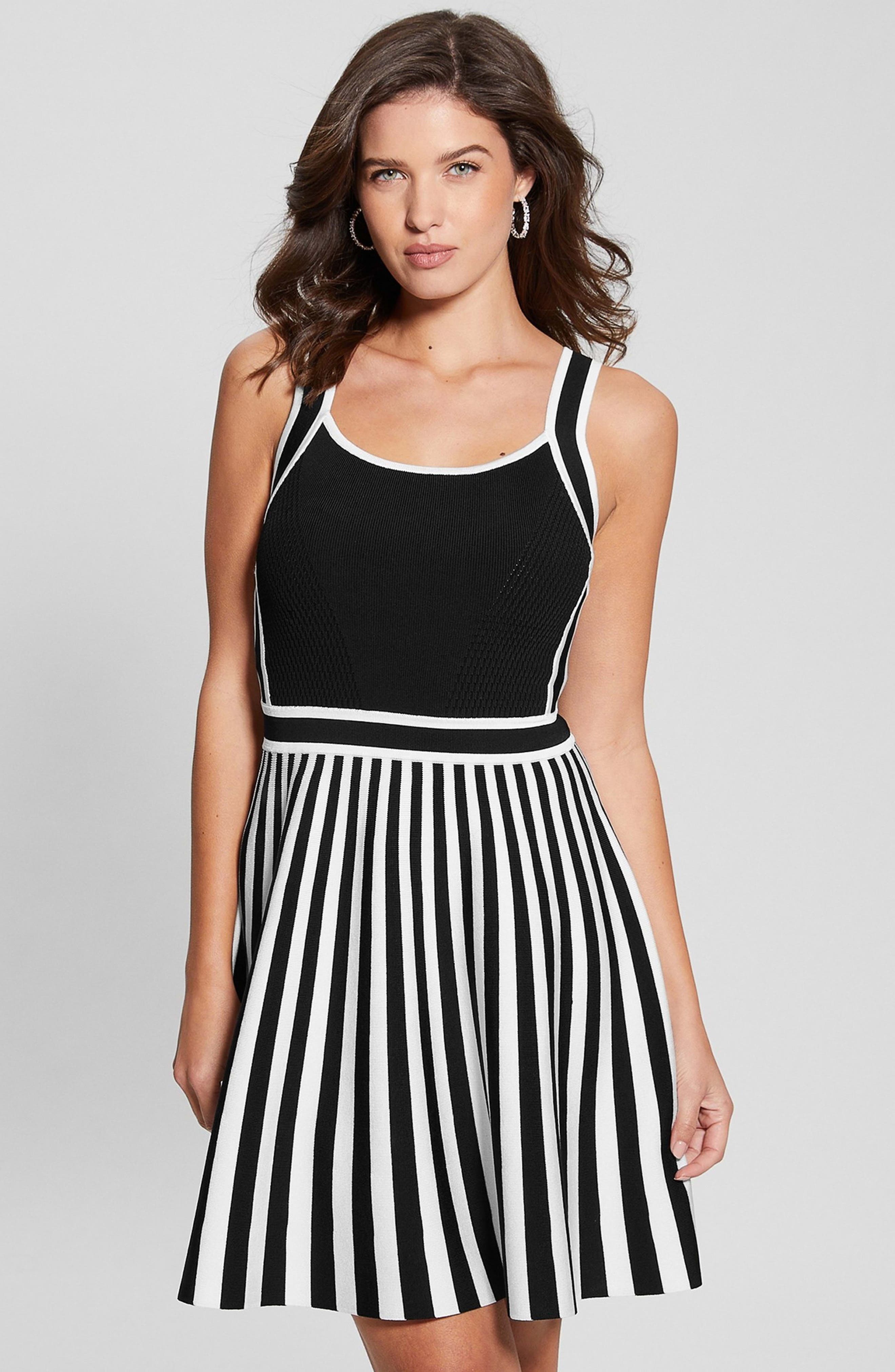 Guess Women's Mirage Striped-Skirt Fit & Flare Dress - Dove White/jet Black  | Smart Closet