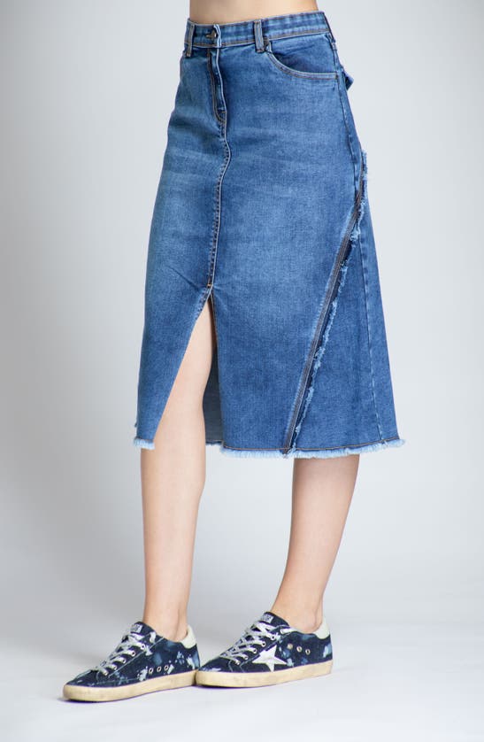 Apny Fray Hem A-line Denim Skirt In Medium Indigo