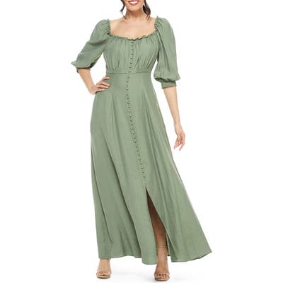 Gal Meets Glam Collection Joanna Shirred Neck Button Front Maxi Dress, Green
