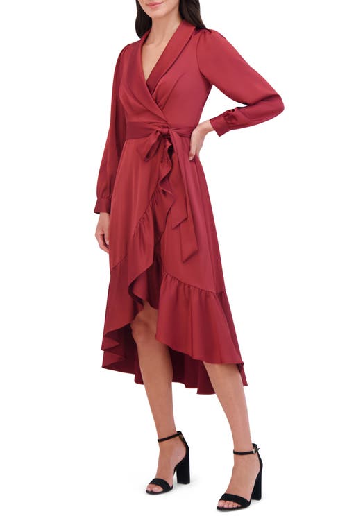 Shop Vince Camuto Long Sleeve Faux Wrap Satin High-low Dress In Fawn