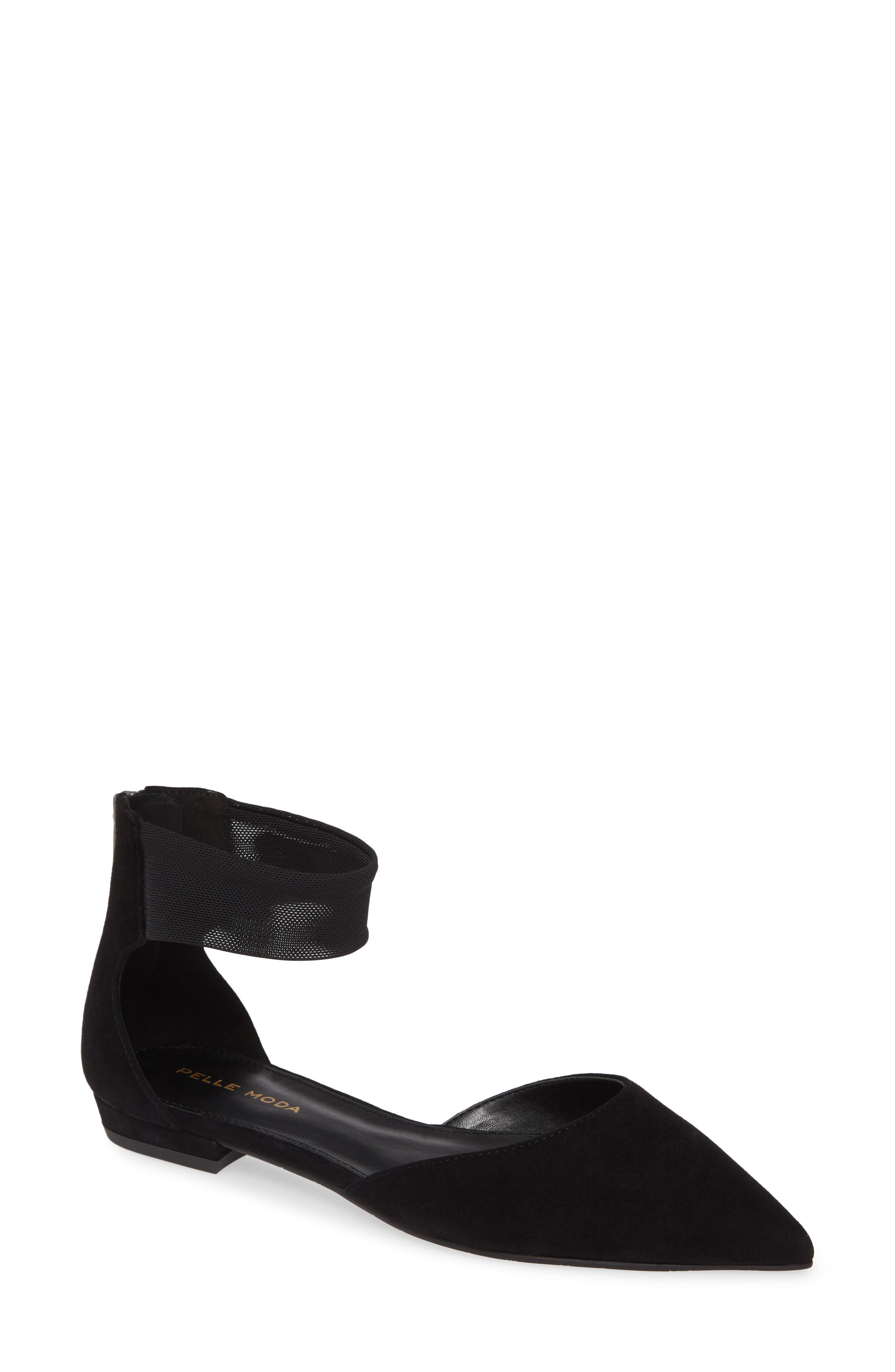 Pelle Moda Dale Ankle Strap Pointed Toe Flat- Black