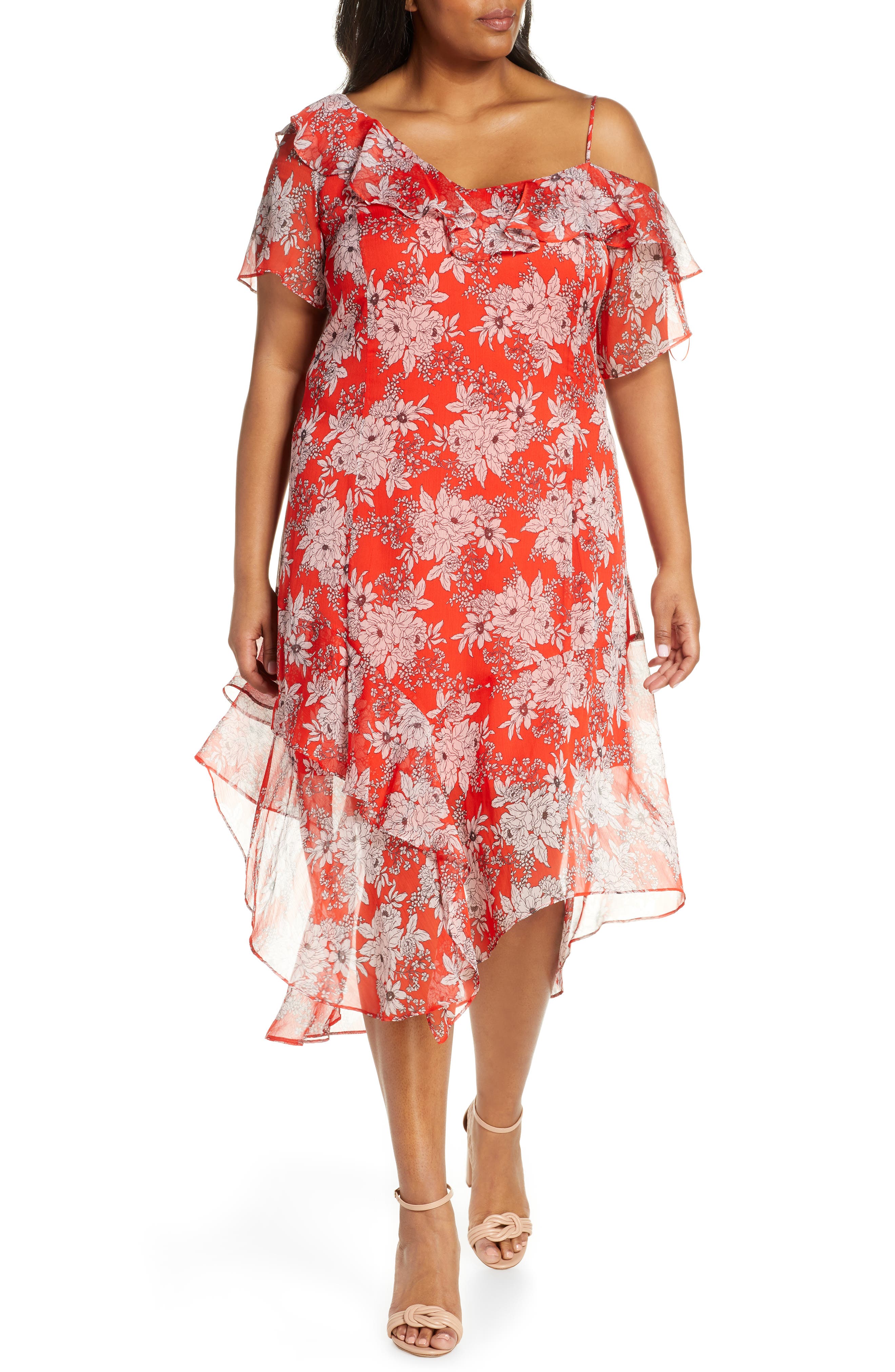 Plus Size Vince Camuto Floral Asymmetrical Dress, Black