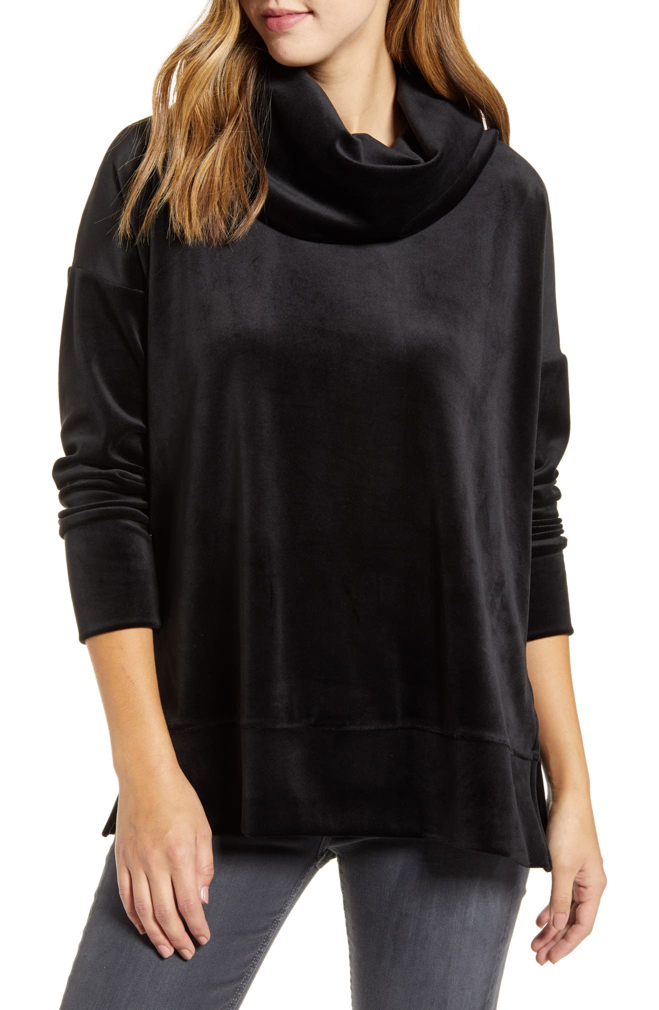 LOVEAPPELLA Velvet Cowl Neck Tunic Top, Main, color, BLACK