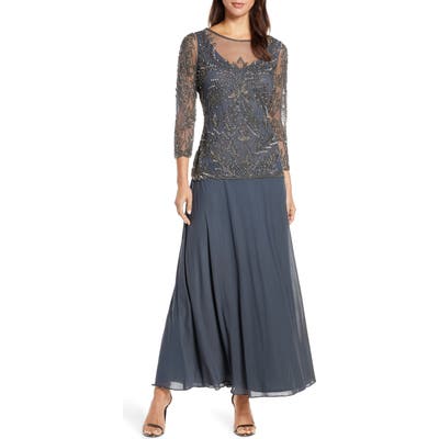 Pisarro Nights Mock Two-Piece Beaded Bodice Gown, Grey
