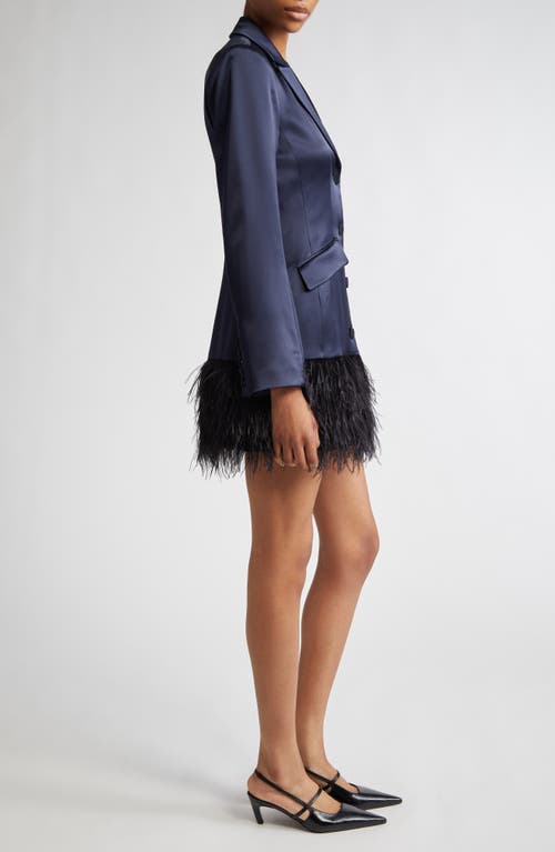 Shop Cinq À Sept Joel Feather Hem Long Sleeve Satin Blazer Minidress In Navy