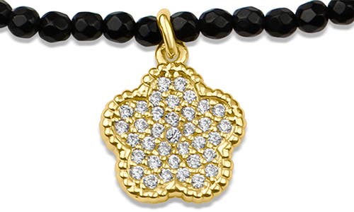 Shop Cz By Kenneth Jay Lane Cz Pavé Clover Glass Bead Bracelet In Black/gold