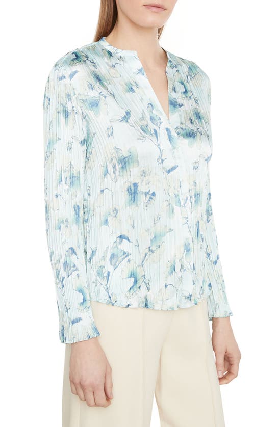Vince Floral Crushed Satin Blouse In Pale Lagoon