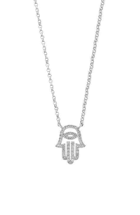 14K White Gold Pavé Diamond Hamsa Pendant Necklace - 0.13 ctw.
