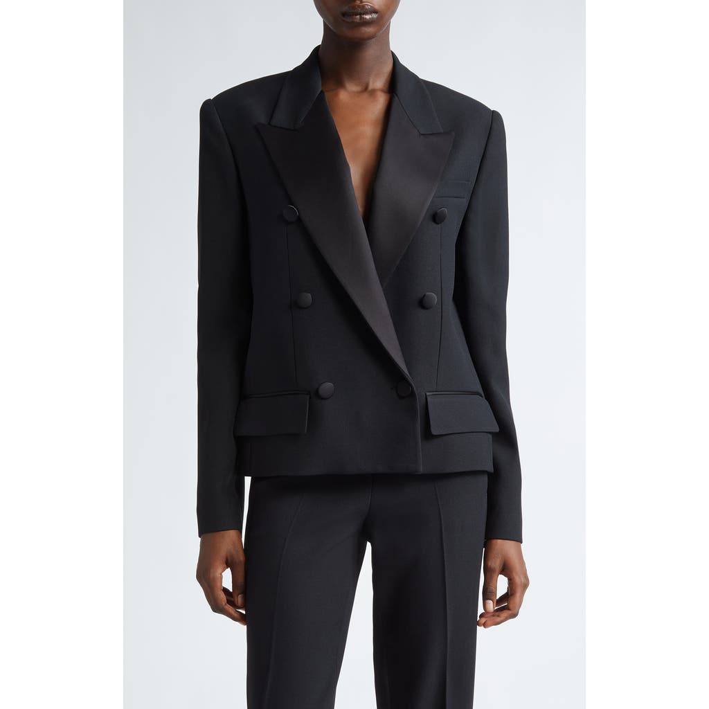 Michael Kors Collection Satin Trim Double Breasted Crepe Blazer In Black